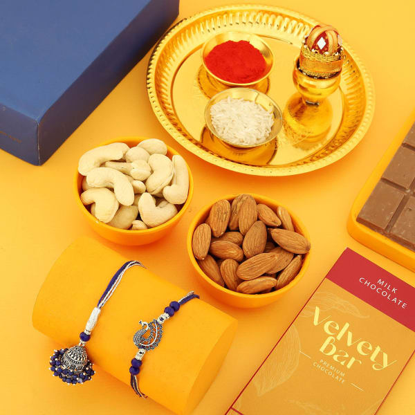 Oxidized Bhaiya Bhabhi Rakhi With Goodies And Pooja Thali