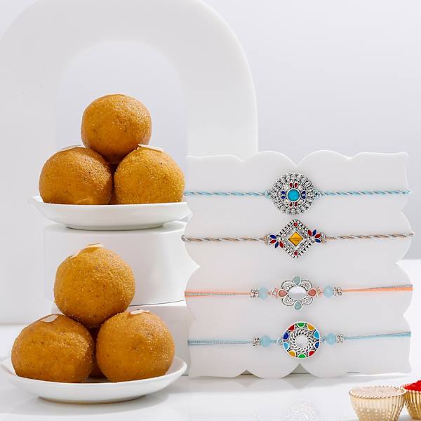 Oxidized Rakhi And Besan Laddoo Combo  Set Of 4