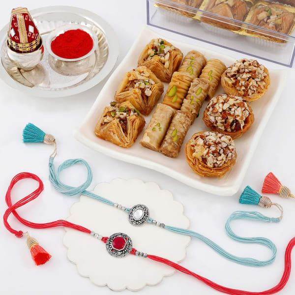 Oxidized Rakhi Set Of 2 With Lebanese Baklawa