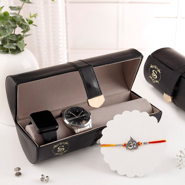 Paan Leaf And Om Rakhi With Watch Organizer - Personalized