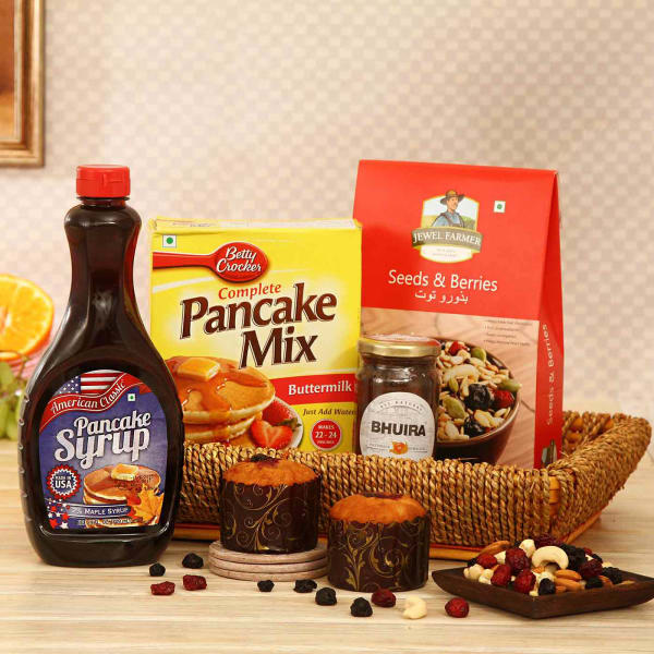 Pack of Pancake Mix & Syrup with Muffins & Bhuira Jar Hamper Gift/Send