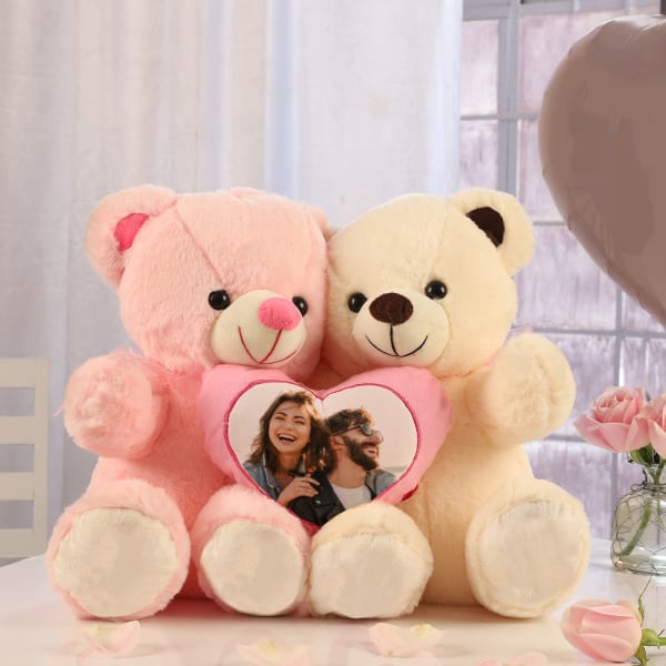 Pair Of Teddies With Personalized Heart Cushion
