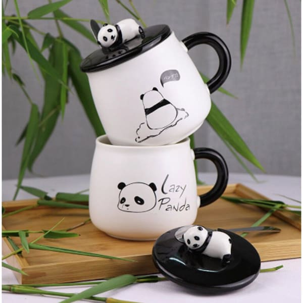 Panda Coffee Mug With Lid And Spoon - White And Black