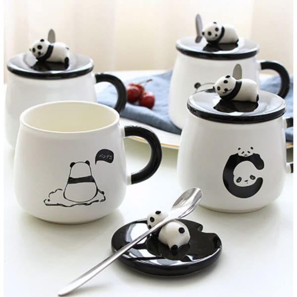 Panda Coffee Mug With Lid And Spoon - White And Black