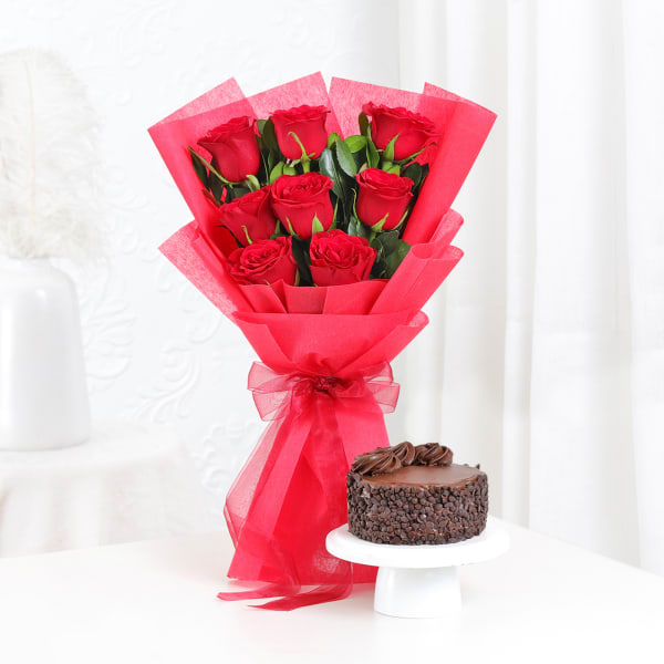 Passionate Paradise - Red Roses Bouquet With Decadent Mini Cake