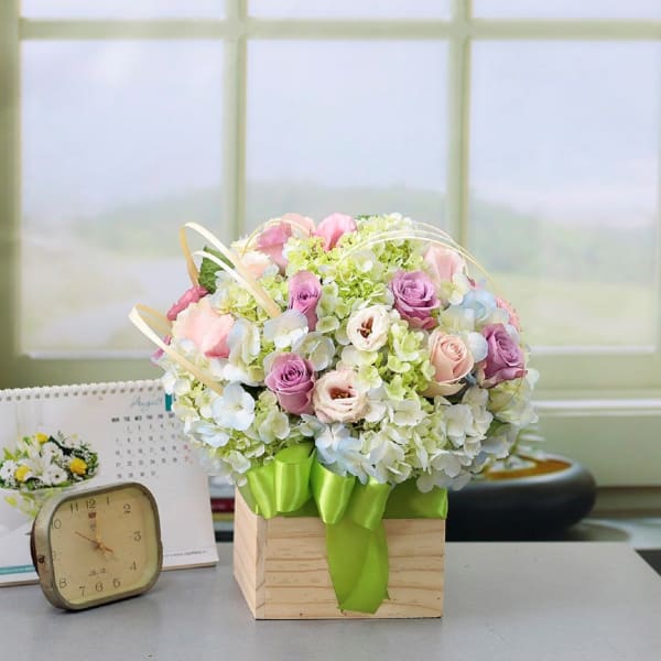 Pastel Blooms in Wooden Box