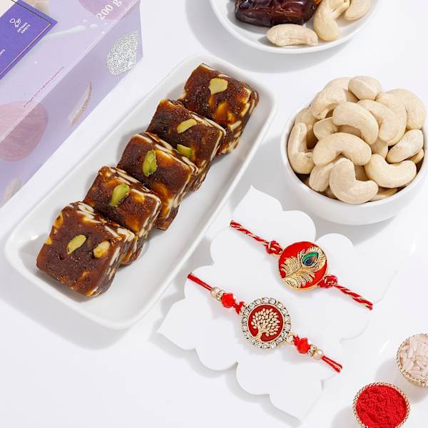 Peacock And Tree of Life Rakhi With Khajoor Bites And Cashews