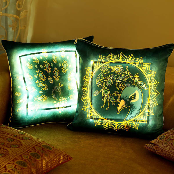 Peacock Design Satin LED Cushion (Set of 2)