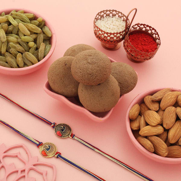 Peacock Rakhi Set Of 2 With Dry Fruits And Cookies