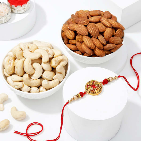 Peacock Splendor Rakhi And Dry Fruits