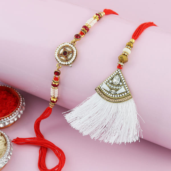 MANBHAR GEMS Pearl & Kundan Rakhi Set For Brother & Bhabhi - Combo Of 2 With Roli & Chawal, 7 Inch - View #8