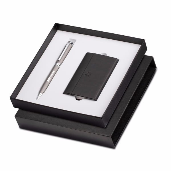 Pennline Hercules Ballpoint Pen Matte Grey With Business Card Holder Gift Set