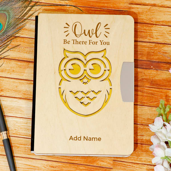 Personalised Diary with Wooden Owl Carved Cover