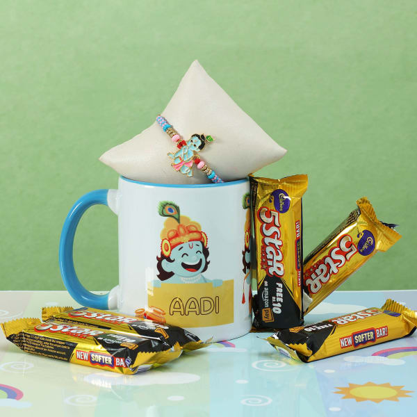 Personalized Blue Handle Mug with Krishna Rakhi and 5 Fivestar Chocolates