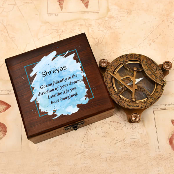 Personalized Brass Finish Sundial Compass in Sheesham Wood Box