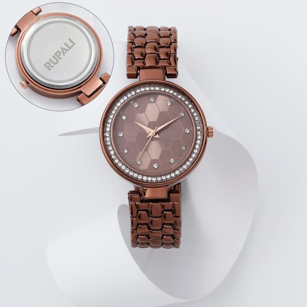Personalized Brown Studded Watch For Women