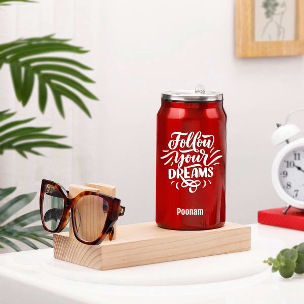 Personalized Can Tumbler With Wooden Eyeglasses Stand