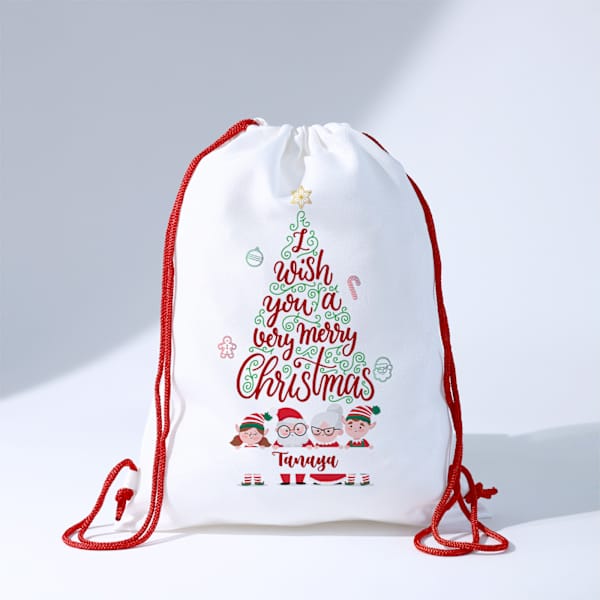 Personalized Christmas Greetings Drawstring Bag - Red