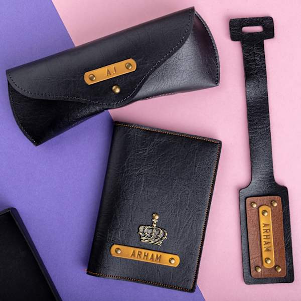 Personalized Classic PU Leather Passport Cover Set - Black