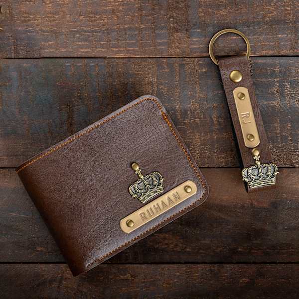 Personalized Classic PU Leather Wallet And Keychain Combo - Dark Brown
