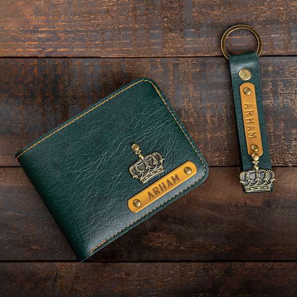 Personalized Classic PU Leather Wallet And Keychain Combo - Forest Green