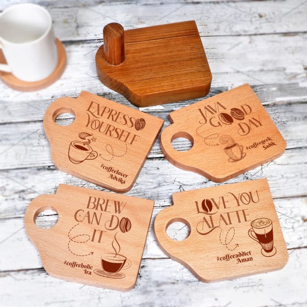 Personalized Coffee Lover Wooden Coasters with Coaster Holder - Set of 4