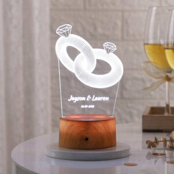 Personalized Couple Ring LED Lamp - Wooden Finish Base