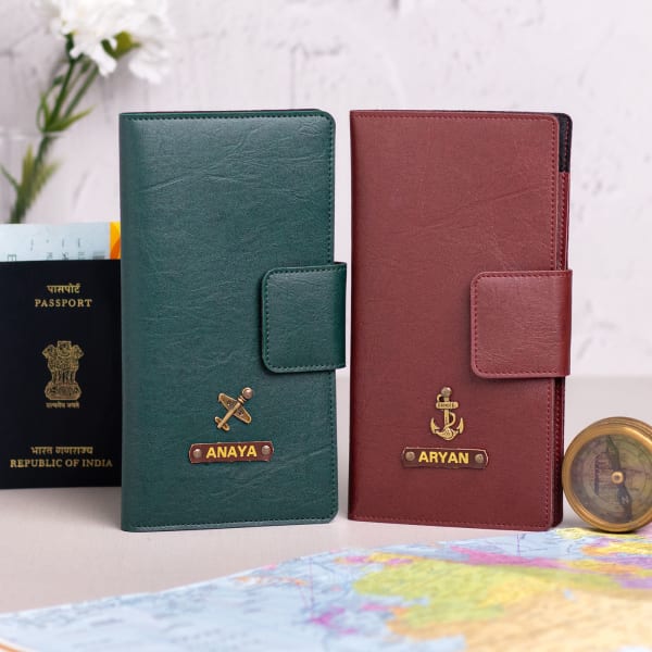 Personalized Couple Travel Wallet - Maroon And Green