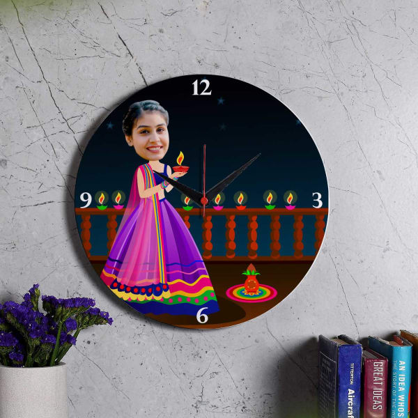 Personalized Diwali Caricature Wooden Wall Clock