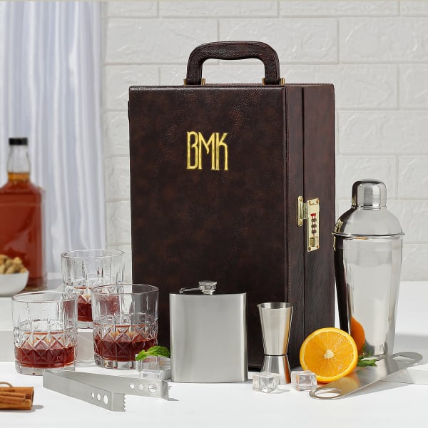 Personalized Elite Brown Briefcase Home Bar Set