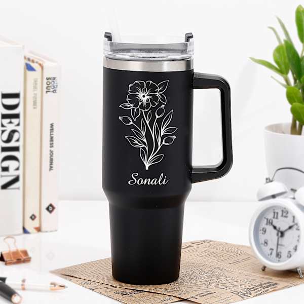Personalized Flowery Black Tumbler