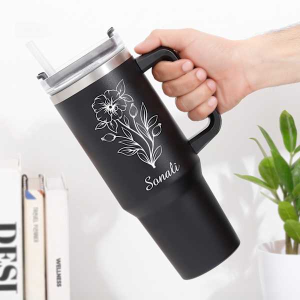 Personalized Flowery Black Tumbler For Her