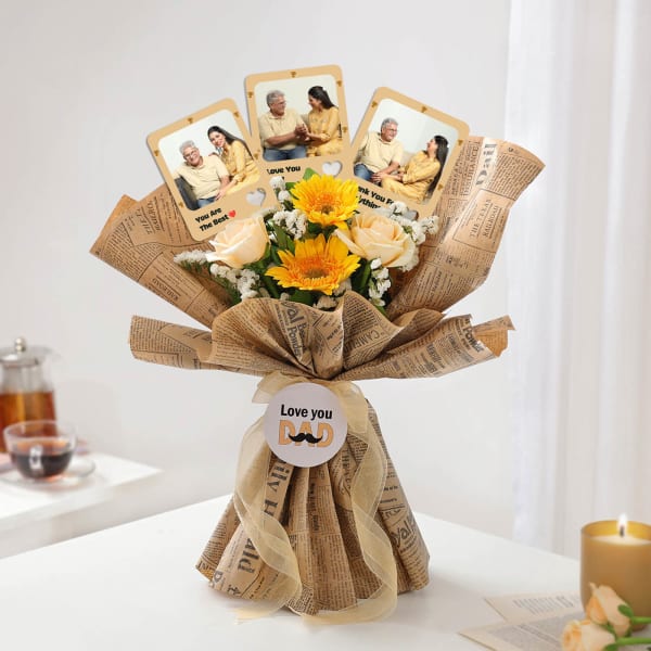 Personalized Fridge Magnet And Yellow Gerberas Bouquet For Dad