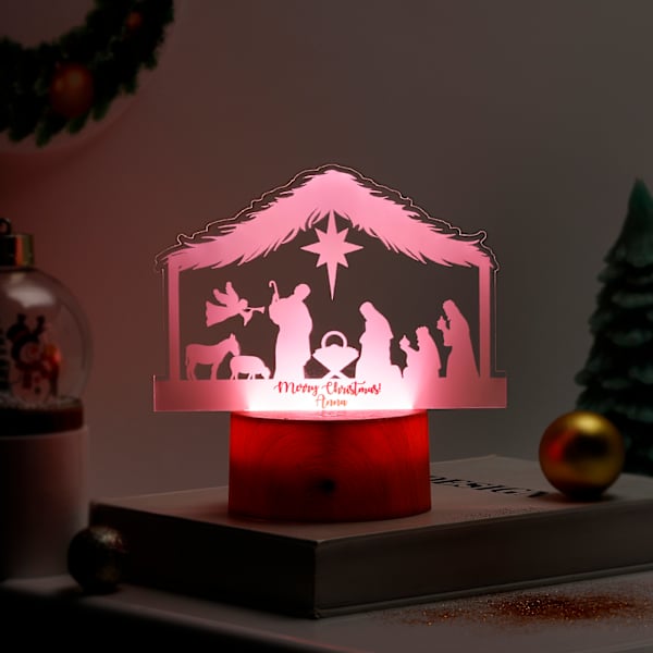 Personalized Gleaming Nativity Christmas LED Lamp - Brown Base