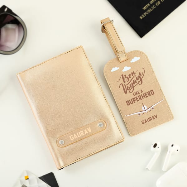 Personalized Golden Passport Cover with Luggage Tag