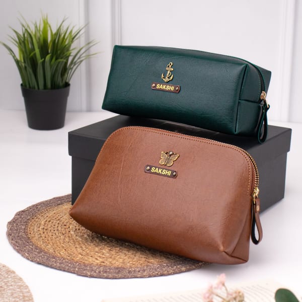 Personalized Green and Tan Multipurpose Travel Pouch - Set of 2