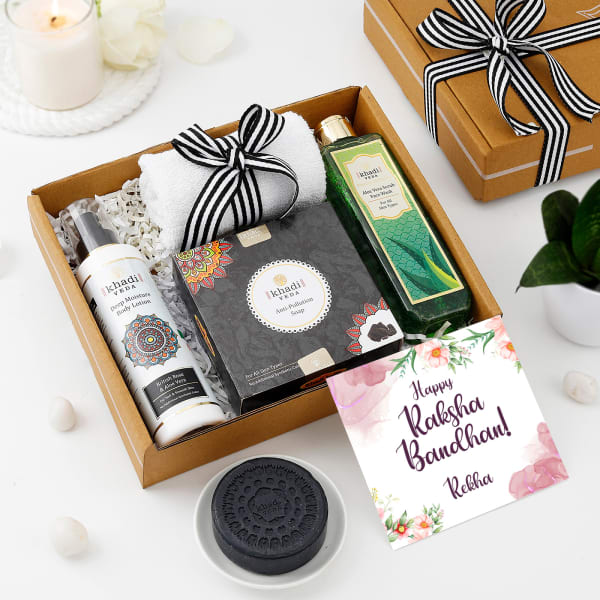 Personalized Greeting Card And Radiant Skincare Rakhi Hamper