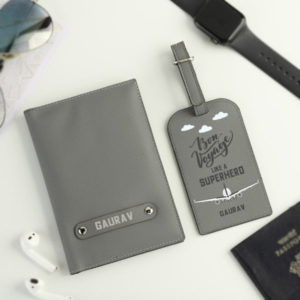 Personalized Grey Passport Cover with Luggage Tag