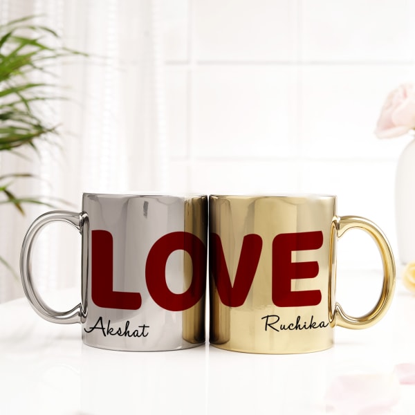 Personalized LOVE Metallic Couple Mugs