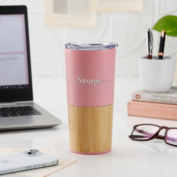 Personalized Pink Tumbler With Wooden Base
