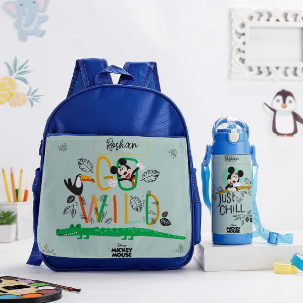 Personalized Playful Mickey Backpack And Bottle Combo