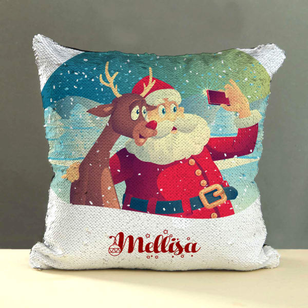 Personalized Santa Selfie Sequins Cushion