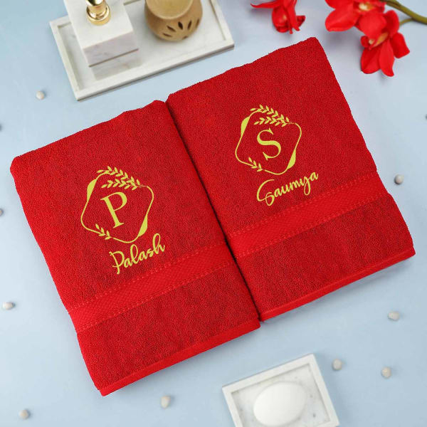 Personalized Set of 2 Poppy Red Bath Towels