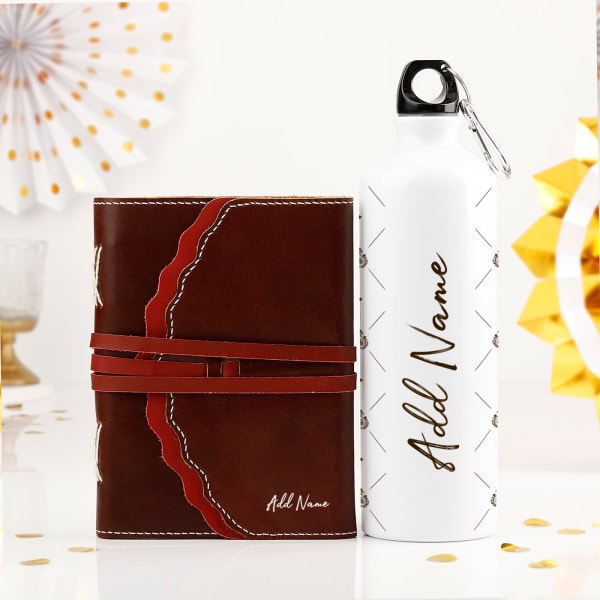 Personalized Sipper Bottle & Leather Journal in Gift Box