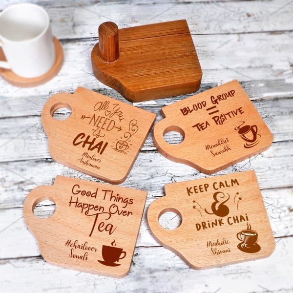 Personalized Tea Lover Wooden Coasters with Coaster Holder - Set of 4