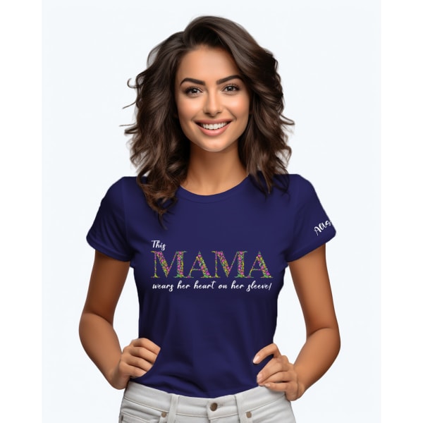 Personalized This Mama Wears Her Heart On Her Sleeve T-shirt - Navy Blue