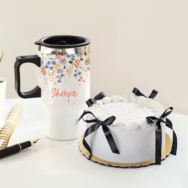 Personalized Travel Mug And Pearl Ribbon Cake Gift Combo