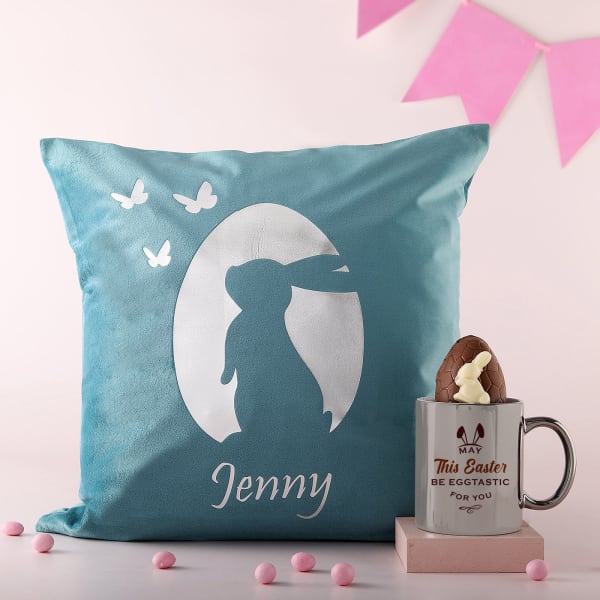 Personalized Velvet Easter Cushion with Chocolate & Mug
