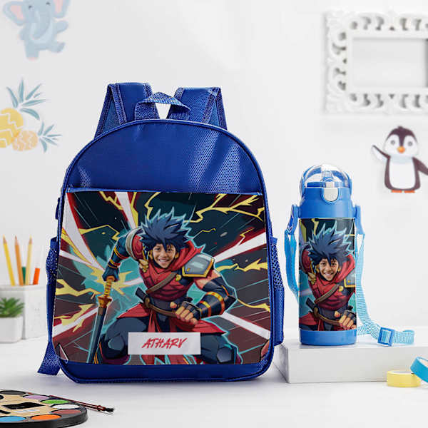 Personalized Warrior Caricature School Bag And Water Bottle Combo- Blue