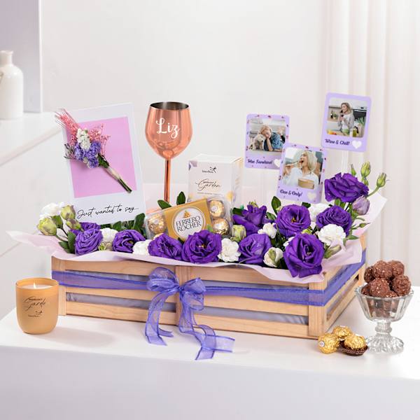 Personalized Wine And Floral Celebration Tray Hamper